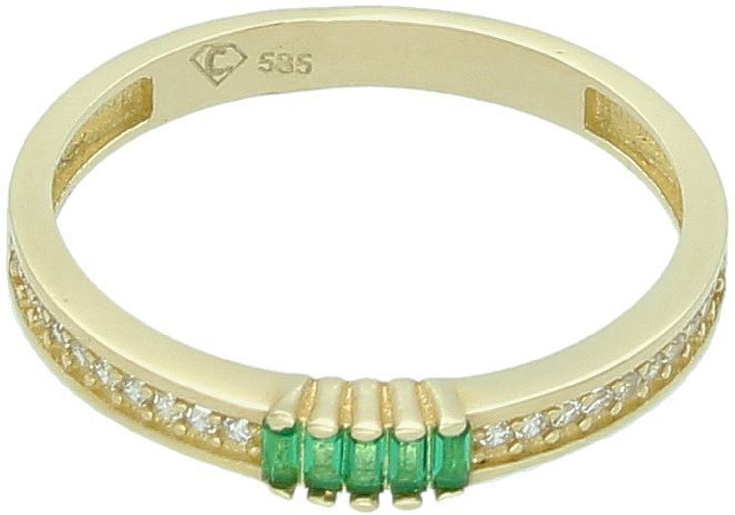 Złoty pierścionek damski próba 585 z zieloną cyrkonią i białymi kamieniami po bokach. Model PI 6512A 585, 1,58 g, szerokość szyny 2 mm, rozmiar 15. Idealny na prezent lub wyjątkową okazję.1.jpg